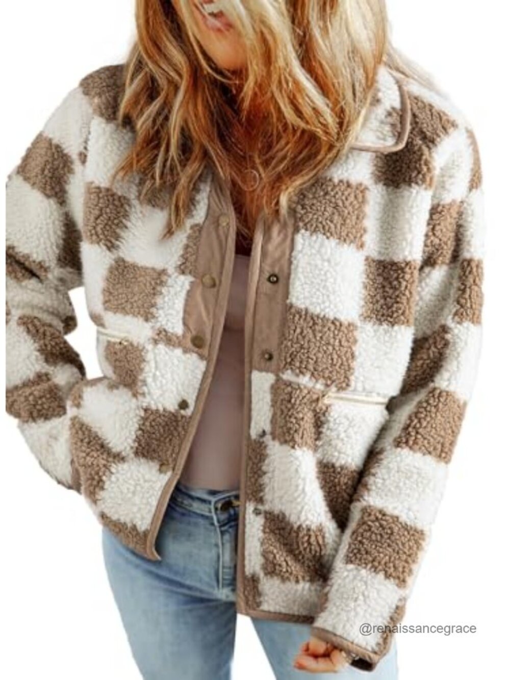 SHEWIN Women's Sherpa Lined Plaid Button Down Jacket Loose Fit Winter Coat